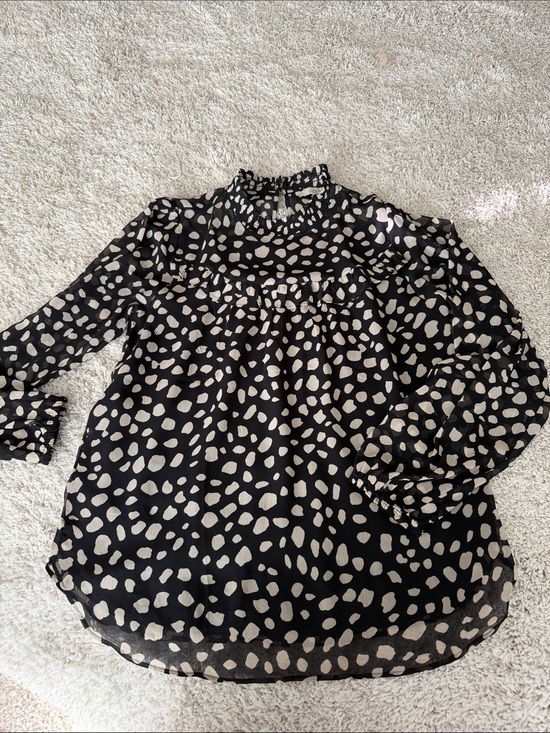 LOFT Tops - LOFT Black Blouse with Beige Spot Print and Ruffle Neck